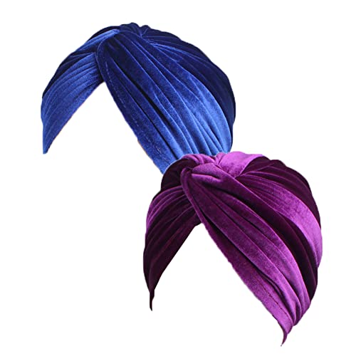 Ilufam 2Pcs Velvet Turbans For Women Twist Pleated Beanie Cap Stretch Head Wrap Hair Loss Hat Chemo Headwear For Women (Purple+Royal Blue) #TOP1