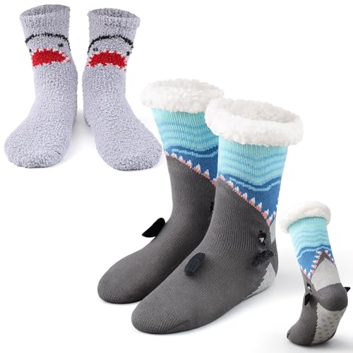 Image of Liitrsh 2 Pairs Fuzzy Slipper Socks with Grippers Animal Sock Sherpa Lining Warm Plush Animal Lover Gift for Valentine's Day