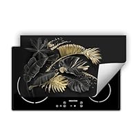 KitchenYeah© Inductie Beschermer 60x52 cm Keuken Decoratie Kookplaat Beschermer voor Inductiekookplaat Afdekplaat Anti Slip Mat - Bladeren - Goud - Zwart - Luxe