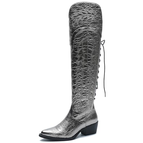 Image of GLOBALWIN Women's Cowboy Western Fashion Over The Knee Thigh High Cowgirl Boots Low Heel
