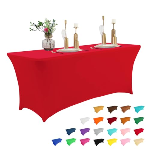 Image of IVAPUPU 6FT Table Cloth for Rectangular Fitted Events Stretch Red Table Covers Washable Cover Spandex Tablecloth Protector for Party, Wedding, Cocktail, Banquet, Festival