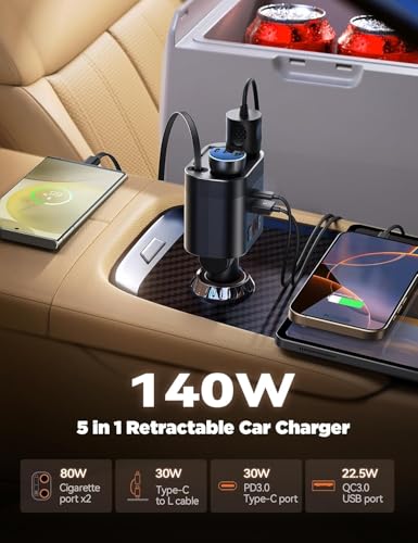Image of INICIO 140W 5 in 1 Car Charger Adapter With 30W Retractable Type C iOs Cable 30W PD & USB Ports 2 x DC Cigarette Lighter Sockets for iPhone 16 15 Galaxy S25 S24 Car Devices Like GPS Inflators Dash Cam