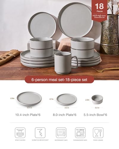 Image of Famiware Nebula Ridge Stoneware Dinnerware Sets for 6, Plates and Bowls Sets, 18 Pieces Dishes Set, Microwave and Dishwasher Safe Kitchen Plates, Light Gray