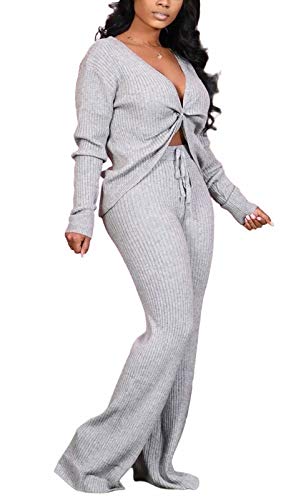 Aro Lora Womens Sexy 2 Piece Jumpsuit Outfit Ribbed Reversible V Neck Long Sleeve Top and Wide Leg Pant Set Small Grey