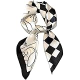 [Arfobug] 模擬シルクスカーフ、正方形スカーフ、レディーススカーフ、70 x 70 cm、シルクスタイル、正方形スカーフ、多用途でハイエンド、美しい通勤、オフィスプロフェッショナルスカーフ、レジャー旅行、装飾タイバッグストリーマー、クリスマスギフト (A0274 - ベージュ黒の線画白黒市松模様)