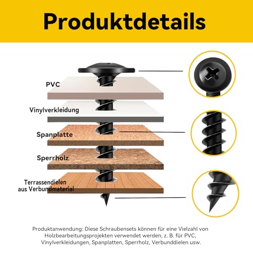 Dayalo 180 Stück Holzschrauben Set Schwarz, M4 Schrauben mit Linsenkopf, Kreuzschlitz, Kohlenstoffstahl, ideal für Akustikpaneele, inkl. Bit