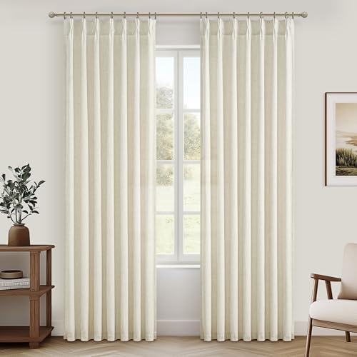Cream Beige Linen Sheer Curtains 90 Inches Long for Dining Room 2 Panels Set, Pinch Pleated Light Filtering Nursery Curtain with Back Tab Ceiling Track Thick Privacy Drapes for 40 x 90 Inch Windows