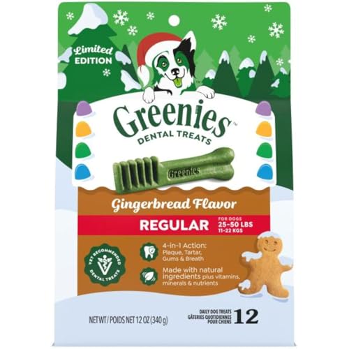 Image of Greenies Regular Natural Dental Dog Treats, Gingerbread Flavor, 12 Count | Vet-recommended, cleaner teeth after 28 days, cleans to gumline, limited edition, for dogs 25-50 lbs