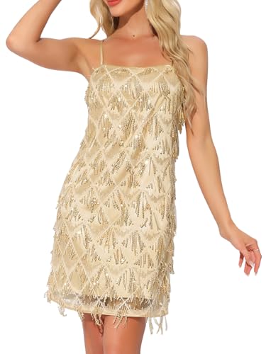 Image of Allegra K Women Sequin Tassel Fringe Flapper Cocktail Party Mini Dress Gold