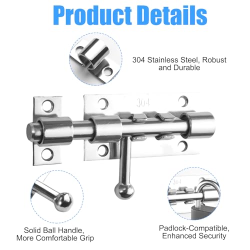Xyvor Pestillo de Puerta de Acero Inoxidable 304,107×35mm Pestillos para Puertas con 10 Tornillos,Pasador Puerta con Agujero para Candado,Cerrojo Puerta Interior para Armarios,Jardín,Garaje(Plateado) - imagen 3