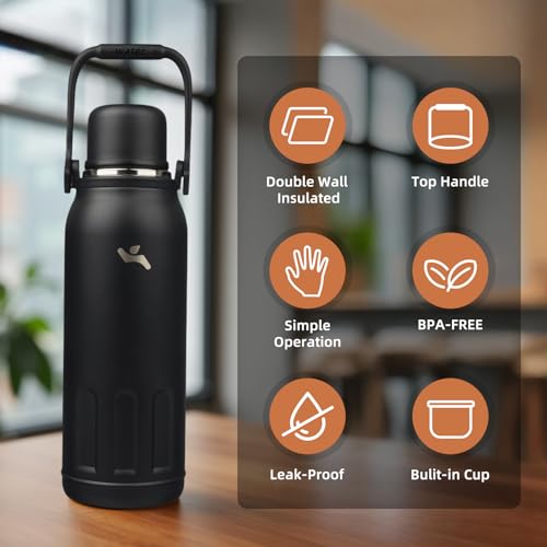 Image of Konokyo 50oz Thermos for Cold Drinks, Insulated Water Bottle, Black