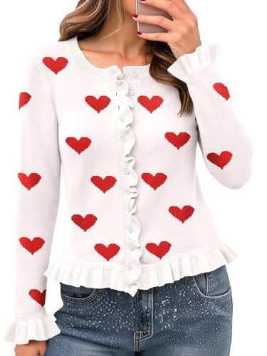 Image of Saodimallsu Womens Ruffle Cardigan Sweaters Button Up Crew Neck Long Sleeve Cropped Sweater Cute Soft Knit Tops