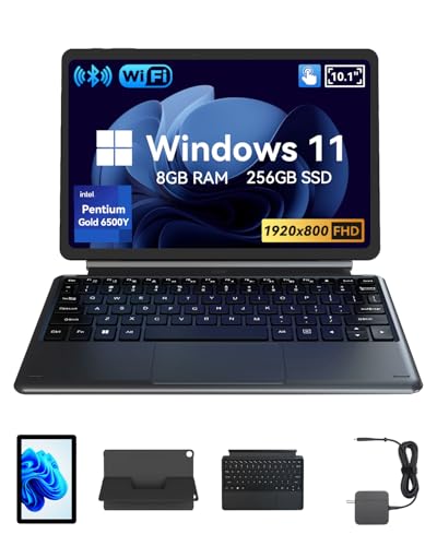 BNCF NewBook 10 10.1 inch 2-in-1 Laptop Tablet PC, Win 11 Compatible with Intel Pentium Gold 6500Y, 8GB RAM 256GB SSD, 1920x800 FHD Touchscreen, Micro HDMI/USB-C 3.2 with Magnetic Keyboard & Stand