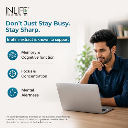 Image of INLIFE Brahmi Capsules 500mg, Bacopa Monnieri Bacosides >20%, Ayurvedic Nootropic Support for Memory & Focus, 60 Veg Capsules (Pack of 2)