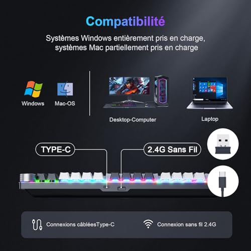 TECURS Gaming Clavier Mécanique Gamer Keyboard sans Fil (2.4G Filaire) Rétroéclairé, 80% TKL Clavier AZERTY, Axe Linéaire, Anti-Ghosting, pour Ordinateur/PC/Windows/Xbox