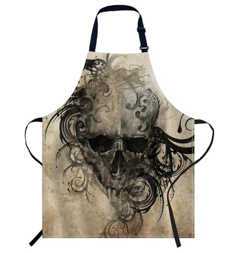 Smooffly Delantal con diseño de calavera, ajustable, delantal de cocinero, unisex, para mujeres y hombres, perfecto para el hogar, cocina, hornear, jardinería, restaurante, cafetería, barbacoa, Arte