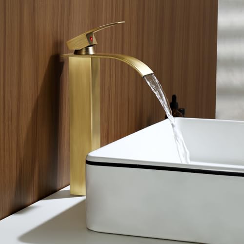 ROVOGO Antique Brass Waterfall Tall Basin Mixer Tap, Single Handle High Rise Bathroom Sink Mixer Tap, Square Monobloc Bathroom Faucet, 304 Stainless Steel