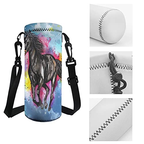 TOADDMOS Neoprene Water Bottle Carrier Holder with Adjustable Shoulder Straps Watercolor Horse Insulated Drawstring Bottle Pouch Cover - Image 4