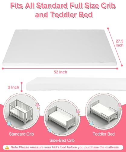 Image of 2'' Portable Full Size Crib Mattress for Toddler Floor Bed | Firm High Density Foam Waterproof Standard Toddler Travel Mattress Removable Cover Infant Kids Boys Girls