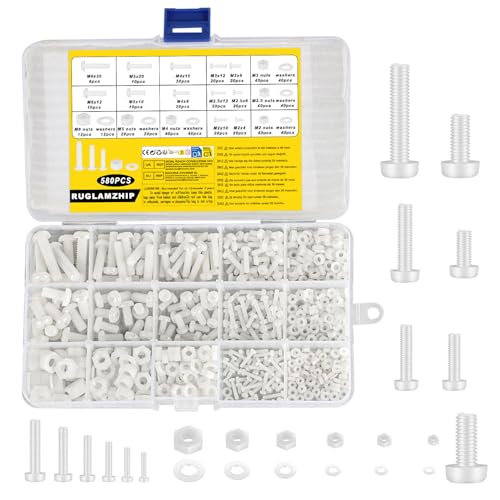 580 Stück Kunststoffschrauben mit Muttern und Unterlegscheiben Set, M2/M2.5/M3/M4/M5/M6 Nylon Rundkopfschrauben Muttern Set, Kreuzschlitz Kunststoff Schrauben Flachkopfschrauben und Mutternset