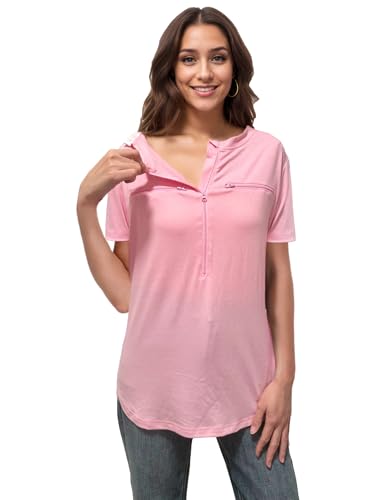 Youdiao Chemo Port Shirts for Women Short Sleeve Post-Surgery Recovery with 2 Side Snaps & Dual Zipper Dialysis Cancer Soft Clothing Pink L