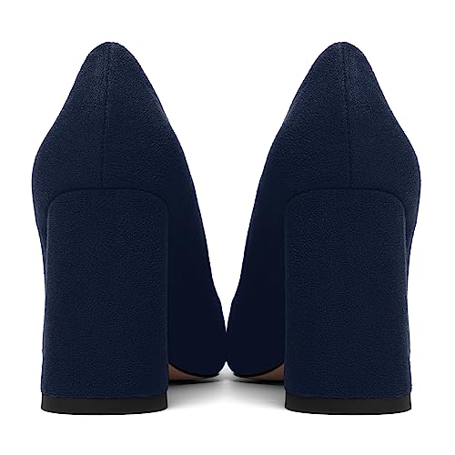 ROSERWISH Womens Slip On Dress Dating Suede Stylish Round Toe Block High Heel Pumps Shoes 3.3 Inch4