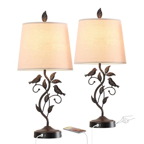 RORIA-Set-of-2-Touch-Living-Room-Table-Lamps-with-2-USB-Ports-Vintage-Nightstand-Lamp-3-Way-Dimmable-Desk-Lamp-with-Cream-Fabric-Shade-Rustic-Iron-Leaf-Lamp-for-Bedroom-LED-Bulb-Included-Vintage RORIA Set of 2 Touch Living Room Table Lamps with 2 USB Ports Vintage Nightstand Lamp 3 Way Dimmable Desk Lamp with Cream Fabric Shade Rustic Iron Leaf Lamp for Bedroom LED Bulb Included Vintage