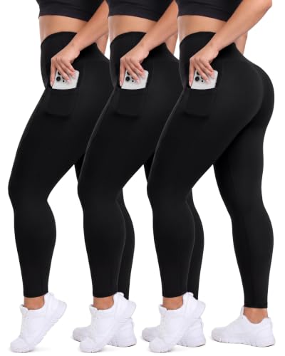 HLTPRO 3 Pack Plus Size Leggings with Pockets for Women - Black High Waisted Tummy Control Soft Yoga...