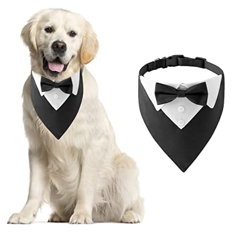 HACRAHO Formal Dog Tuxedo Bandana, 1 PCS Dog Tuxedo Cotton Bandana Dog Wedding Collar with Bow Tie and Neck Tie Adjustable Black Pet Costume Bowtie Neckerchief for Large and Oversized Dogs, L Cover
