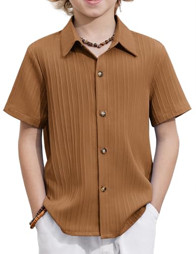 Image of Arshiner Boys Casual Short Sleeve Button Down Shirt Fashion Textured Summer Beach Shirt 3-13 Years Old