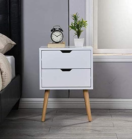 Image of Organizing Nightstand Solid Wood Legs Mid-Century Modern Bedside Table Practical and Simplistic End Side Table with Two Drawers (White)