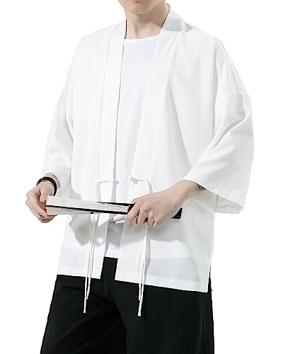 Image of Mens Kimono Cardigan Cotton Linen Japanese Shirt 3 /4 Sleeve Haori Yukata | Skin-Friendly Solid Color Lightweight Shawl Collar Kimono Robe Embroidery Button Tie Pockets Happi Coat All Season Daily Wear