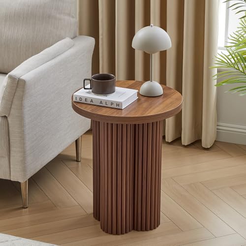 MAHYIZYI Round Fluted End Table 17.7 Mid Century Modern Side Table Circle Bedside Tables Drink Table Wood Nightstand for Small Spaces Living Room (Walnut-1PCS)