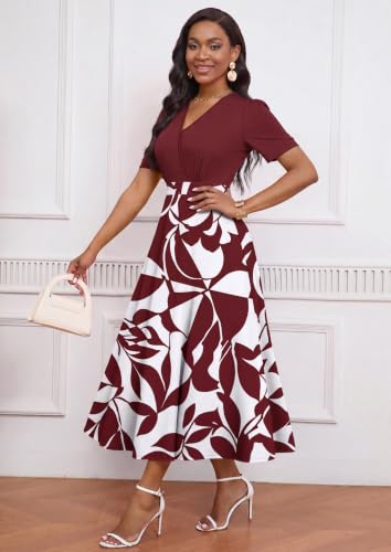 Image of MarryUP Women's Midi Dresses - V Neck Cocktail & Church Tea Dresses - Short Sleeve A-Line Swing Dress