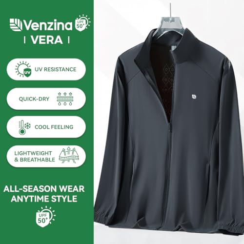 Image of Venzina Men's UPF 50+ Sun Protection Jacket, 4-Way Stretch Quick-Dry Windbreaker with Breathable Mesh & Elastic Cuffs, Sunscreen Jacket for Men - Hiking, Travel