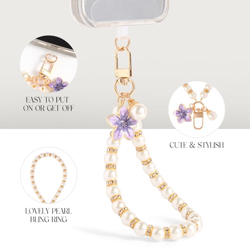 Fancy Pearls Beaded Cell Phone Charm Strap, Stylish Cellphone Chain Bracelet, Cute Wristlet, Anti-Lost Lanyard for iPhone 17 Pro Max, Series 16, Galaxy&Most Smartphones - Violet Blossom&Pearls