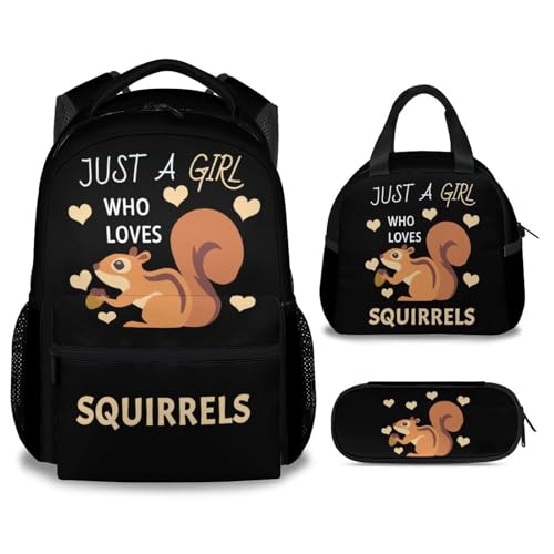 Squirrel Backpack with Lunch Box, Set of 3 School Backpacks Matching Combo for Girls Boys, Cute Black Bookbag and Pencil Case Bundle