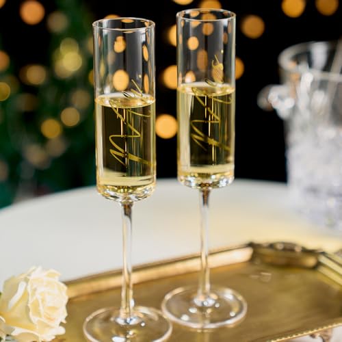 Image of AW BRIDAL 4Pcs Mr and Mrs Champagne Flutes with Gold Wedding Cake Knife