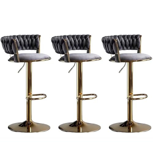 Juego de 3 taburetes de bar ajustables de terciopelo moderno con patas doradas, reposapiés giratorio, para desayuno, para cocina, islas y comedor, color gris
