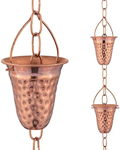 Marrgon Copper Hammered Rain Chain – Decorative Chimes & Cups Replace Gutter Downspout & Divert Water Away from Home for Stunning Fountain Display – 8.5’ Long for Universal Fit – Bell Style
