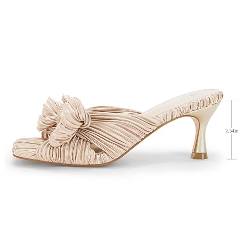 Image of Coutgo Womens Bow Heeled Sandals Pleated Bowknot Heels Open Square Toe Cute Kitten Heel Mules Slip On Wedding Dress Shoes