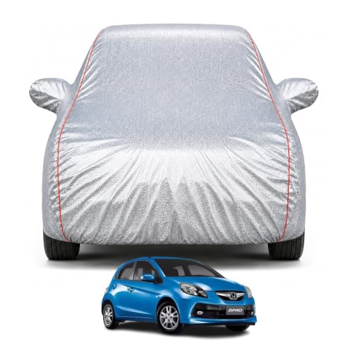 Image of Premium Car Cover for Honda's Brio Model | Waterproof, UV & Dust Protection | Mirror & Antenna Pocket | Triple Stitched, Soft Inner Lining, Belt & Buckle (Metalic Silver)