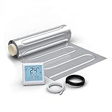 suelo radiante refrescante No es necesario instalar toda la superficie, las esteras calefactoras solo se pueden colocar donde se necesite calor. El termostato de pantalla táctil tiene una medición combinada de la temperatura del suelo y de la habitación, ahorra energía, totalmente programable y se adapta perfectamente a la calefacción por suelo radiante.