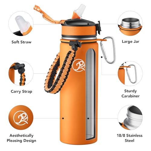 Image of GOSWAG 24oz Insulated Stainless Steel Travel Water Bottle, 2 Lids | with straw and no straw, Paracord handle, Double-wall vacuum keeps drinks cold or hot, Leakproof tumbler