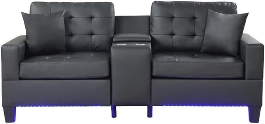 Pemberly Row 91 Inch Sleeper Sectional Sofa with Storage Chaise, Black Faux Leather, Tufted Cushions, LED Lights, USB Ports, Decorative Pillows, Modern Living Room Seating and Entertainment Console