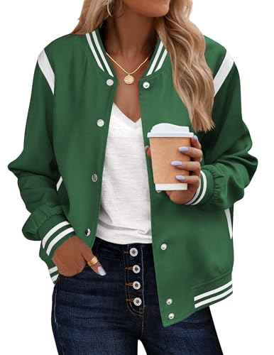 Zeagoo St. Patrick’s Bomber Jacket Women Spring Striped Casual ButtonTrendy Concert Outfits Letterman Varsity Jackets Green