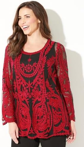 Catherines Women's Plus Size Embroidered Mesh Top