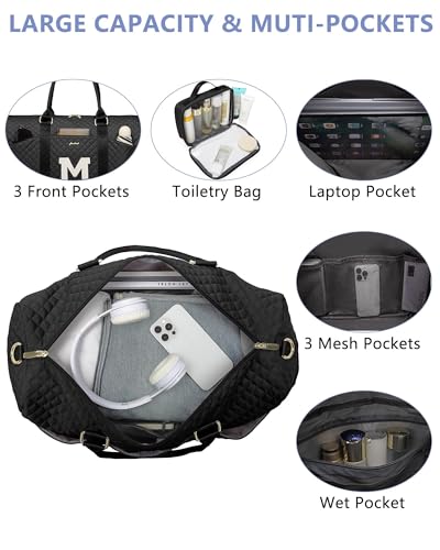 Image of Women Weekender Travel Duffle Bag: Initial Duffel Overnight Bags with Shoe Compartment Large Carry on Tote with Toiletry Bag Weekend Traveling Yoga Gym Hospital Bag for Women with Wet Pocket Letter M
