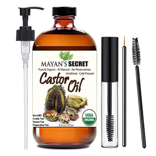 Mayans Secret - 16 oz Pure Castor Oil Organic Cold Pressed Unrefined Glass Bottle Hexane Free Hair Oil for Hair Growth Eyelashes Eyebrows Oil for Skin Face Body