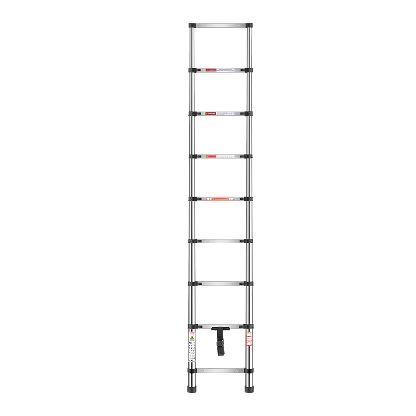 VEVOR Teleskopleiter, 254 cm Lange, Ausziehleiter aus Edelstahl, Klappleiter mit Tragkraft von 150 kg (75°) & rutschfeste Füße, tragbare 9-Stufen-Leiter für Zuhause, Wohnmobil, Dachboden